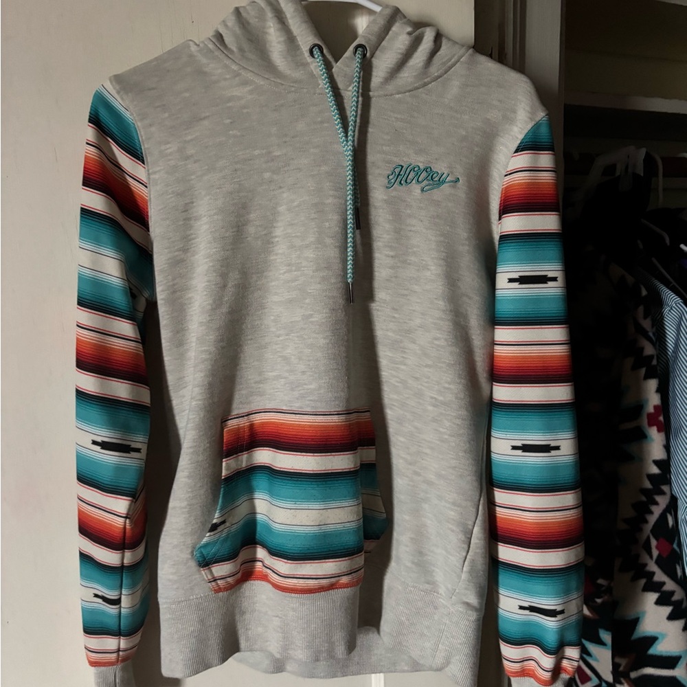 Striped Gray Hoodie with Multicolor Sleeves
